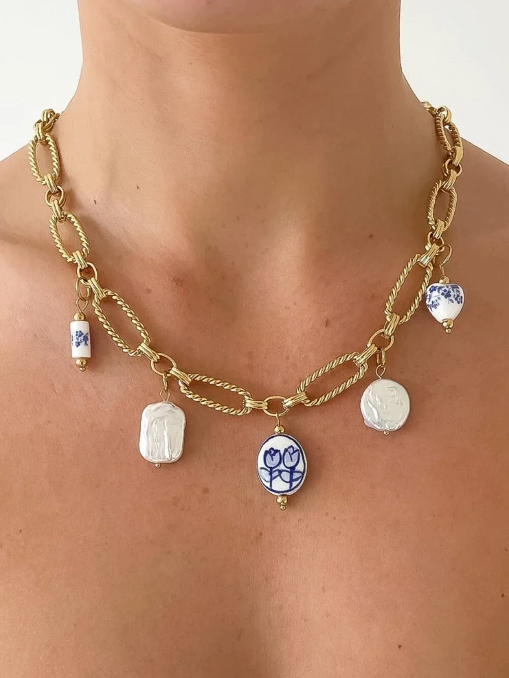 18k Gold Non-tarnish Ceramic Floral Chain Necklace